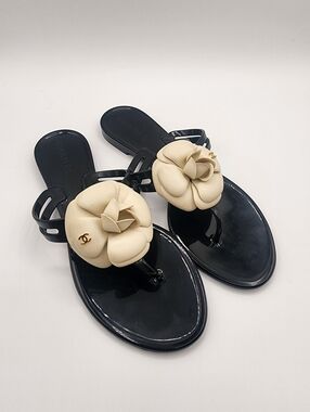 Chanel Camellia Flower Jelly Sandals Black Sz 38